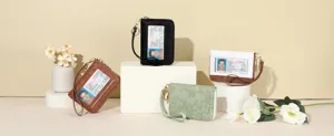 Multifunctional vintage embossed zipper card holder coin purse with wristlet and ID window.