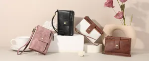 Vista dettagliata di portafogli corti multifunzionali da donna in pelle vintage con zip.