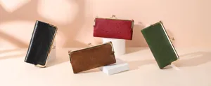 Retro kiss-lock long wallet display, multi-color leather clutch purse detail and showcase view.