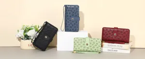 Women's long leather clover pattern trifold wallet with snap closure and strap large capacity