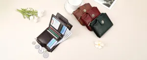 Women's short leather wallet with sunflower snap button, multi-card slots and coin pocket.