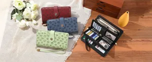 Women long leather wallet clover pattern RFID blocking multi card slot clutch purse.