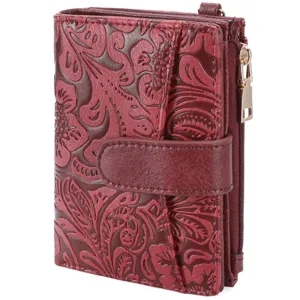 Portefeuille Court Bifold pour Femmes Blocage RFID Motif Floral Vintage Cuir PU Gaufré avec Porte-clés Fentes pour Cartes