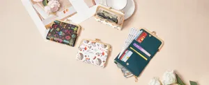 Women short PU leather kiss-lock wallet vintage coin purse card holder set prints