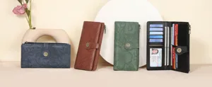 Detail view of long floral embossed women wallet showing card slots and zipper pocket.