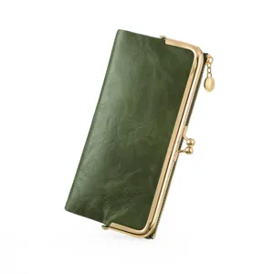Vintage dark green kiss lock long wallet, multi-functional folding purse for women.