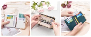 Close up view showing card slots, zipper coin pocket and structure of short women wallet.