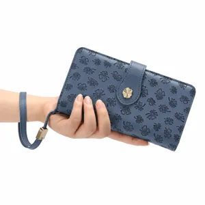 Women long leather wallet clover embossed purse card holder blue clutch bag with wrist strap