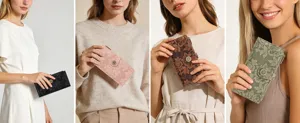 Detailed view of embossed floral women long wallet with card slots and sunflower snap closure.