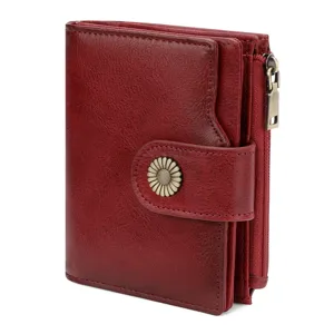 Red leather short wallet for women with sunflower metal snap and zipper coin pocket design.