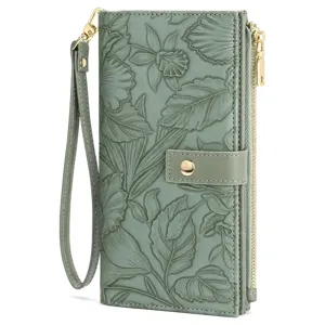 Women Long Wallet PU Leather Embossed Floral Clutch Purse Multiple Card Slots Wristlet Handbag Gift Box