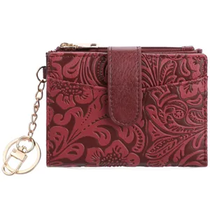 Portefeuille court pour femme motif floral vintage avec porte-clés métal vue détaillée.