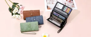 Women long PU leather embossed floral wallet multi card slot clutch purse with wrist strap