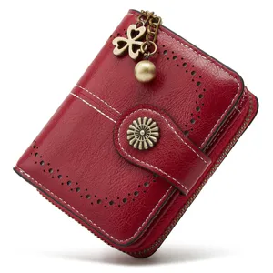 Women's Short PU Leather Wallet Vintage Hollow Design Zipper Button Coin Purse Fashion Card Holder Multi-Pocket Wallet