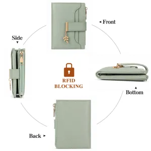 Portafoglio corto da donna in pelle PU con ciondolo a foglia e protezione RFID.