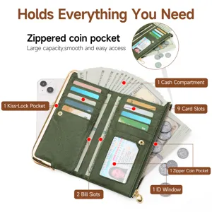 Retro women's long wallet with kiss-lock, multiple card slots, zipper coin pocket, and ID window.