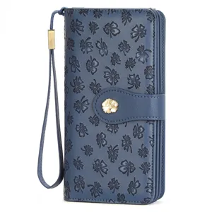 Women's Long Trifold Wallet RFID Blocking Clover Embossed PU Leather Large Capacity Clutch Purse With Wristlet