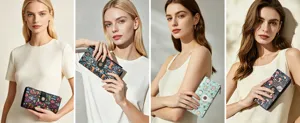 Detailed view of the cute cat and animal print bifold long wallet with secure snap.