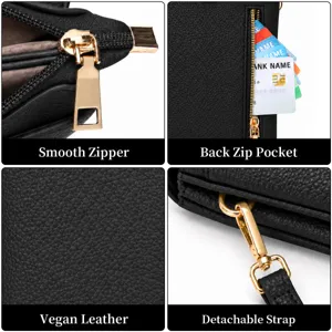 Detail view of women's vegan leather crossbody bag showcasing smooth zipper and strap.