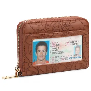 Close-up detail of brown floral embossed PU leather zipper card holder with clear ID window.