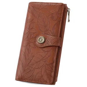 Retro embossed floral long wallet for women, vintage leather clutch with snap button & zipper.