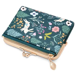 Women Short Wallet PU Leather Bifold Kiss Lock Coin Purse Cartoon Animal Floral Print RFID Blocking Card Holder Wallet Gift Box