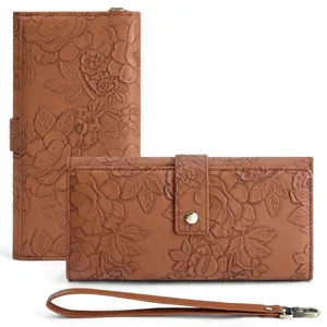 Brown embossed floral long wallet, microfiber leather clutch with card slots and wrist strap.