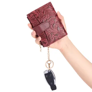 Portefeuille court pour femme gaufré vintage avec porte-clés, étui à cartes élégant en PU.