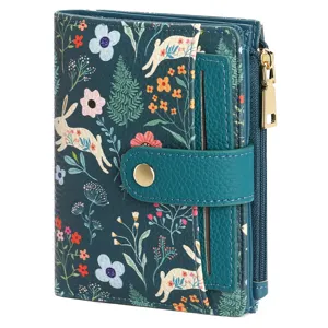 Portafoglio corto da donna con stampa coniglietto e fiori, scomparti per carte e cerniera.