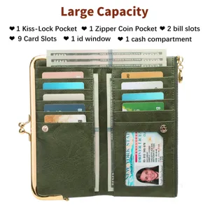 Vintage long wallet for women with kiss-lock clasp, multiple card slots and zipper coin pocket.