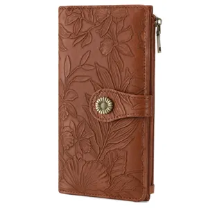 Brown women long retro embossed floral pattern wallet with sunflower metal snap and zipper.