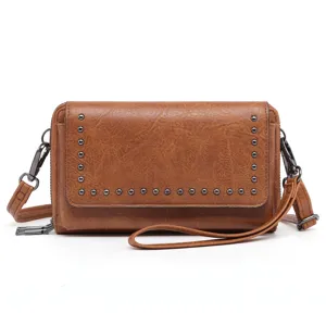 Retro Oil Wax PU Leather Women Crossbody Phone Bag Vintage Rivet Multi-layer Zipper Shoulder Bag Daily Casual Handbag
