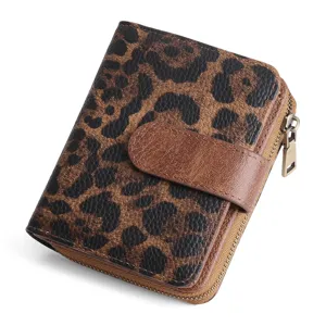 Leopard print short wallet detail, compact zip coin purse with snap closure strap design.