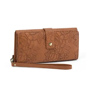 Detailed view of the embossed floral long wallet, showcasing fine craftsmanship and PU leather.