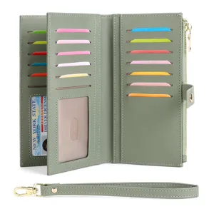 Sage green women's long PU leather wallet with multiple card slots, ID window and wrist strap.