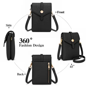 Detailed view of black leather phone crossbody bag with multi-angle shots and gold hardware.