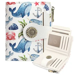 Cute ocean animal print wallet detail, litchi grain PU leather folding card holder purse.