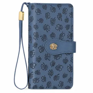 Blue clover embossed leather long trifold wallet with wrist strap and snap closure