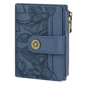 Blue women short wallet with embossed leaf pattern, sunflower snap button and zipper pocket.