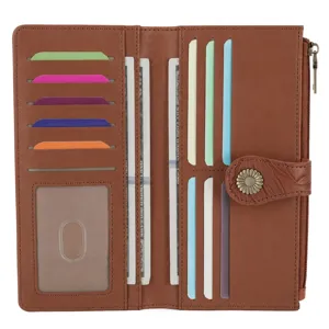 Women's long brown leather wallet with multi-card slots, coin pocket, and floral snap closure.