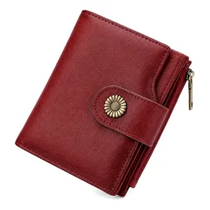 Women's Short Wallet Microfiber Leather Trifold Wallet RFID Blocking Card Holder With Sunflower Metal Buckle Gift Box