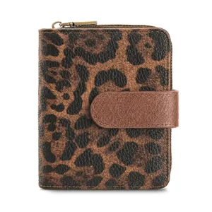 Detailed view of women's short leopard print wallet with zipper and snap closure.