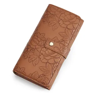 Women long wallet microfiber leather embossed floral clutch purse with snap closure detail view