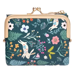 Exquisite floral bunny print coin purse detail, chic litchi grain PU leather kiss-lock wallet.