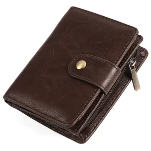 Portafoglio corto vintage in ecopelle da uomo porta carte minimalista con chiusura a bottone zip.