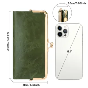 Detailed dimension view of vintage green kiss-lock long wallet with size comparison.