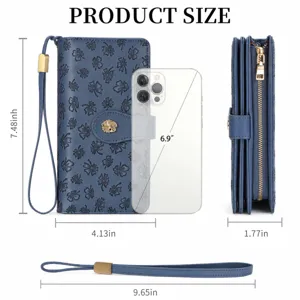 Blue clover embossed long wallet for women with wrist strap and dimensions diagram.