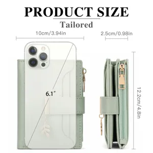 Portafoglio corto verde chiaro con ciondolo a foglia, porta carte e tasca con zip, dimensioni.