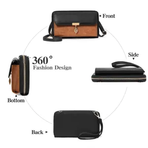 Damen Umhängetasche Mehrwinkel Ansicht mit stilvollem Blattanhänger schwarz braun Design.