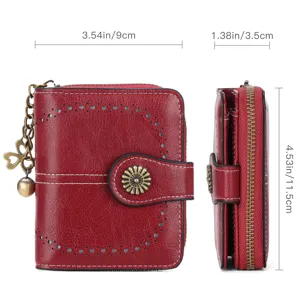 Red short wallet for women with cutout design, zipper buckle and metal pendant, 9x3.5x11.5cm
